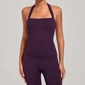 Dunkelviolette Halterneck-Yoga-Weste und dazu passende Fitness-Leggings für Damen - S / Brombeerlila