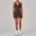 Dames yogaset met halter V-hals en korte broek in koffiebruine zeer rekbare sportstof - S / Espresso