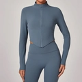 Conjunto de yoga azul grisáceo para mujer con chaqueta de cremallera y mallas - S / Azul grisáceo