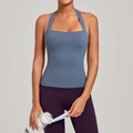 Damen Sport-Neckholder-Top in Blau mit hoch taillierten lila Kompressions-Yoga-Leggings - S / Graublau