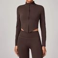 Chaqueta de yoga marrón oscuro de manga larga con dobladillo en V y leggings de tiro alto - S / Espresso
