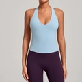 Débardeur de yoga bleu clair avec col en V et dos nu en tissu élastique pour femme - Bleu Sérénité