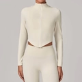 Conjunto de yoga crema slim fit con chaqueta de manga larga, dobladillo en V y cuello alto - S / Beige