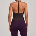 Débardeur de yoga marron foncé à col en V avec dos nu et legging de sport violet ajusté - Expresso