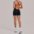 Slim fit black backless cross strap yoga romper for fitness and running workout wear - S / Black