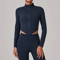 Veste de yoga bleu marine à col montant avec legging assorti à taille haute - Bleu Médaillon