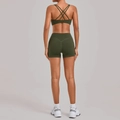 Olive green two-piece yoga set with criss-cross back sports bra and high waist shorts - S / Olive Green
