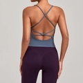 Gilet da yoga blu con spalline incrociate sulla schiena e leggings viola a vita alta - S / Blu grigio