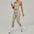 Women's light khaki yoga set with high-waist leggings and sports top in a minimalist style - S / Flaxen
