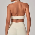 Set yoga bianco crema con leggings a vita alta e reggiseno sportivo schiena scoperta - Beige