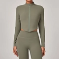 Ensemble de yoga vert olive avec veste zippée à col montant et legging taille haute - Vert Basilic