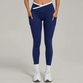 High waist yoga leggings in navy blue with white V-cross waistband and side pockets - S / Navy Blue
