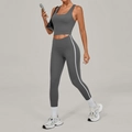 Women's two-piece yoga set in dark grey featuring ribbed sports bra and striped leggings - S / Dark Gray
