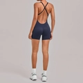 Dark blue backless yoga romper with crisscross straps and V-shaped seam details - S / Dark Blue Green