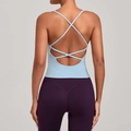 Débardeur de yoga bleu clair à bretelles croisées et legging violet pour femmes - Bleu Sérénité