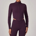 Haut de yoga prune à manches longues, col montant et ourlet zippé asymétrique - Violet Mûre