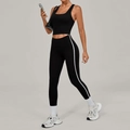 Women's black yoga set with high waist leggings and white side stripe detailing - Black