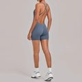 Greyish blue backless yoga romper with cross-back straps and sculpting shorts fit - S / Grey Blue