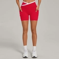 Dames yoga shorts in rood met witte gekruiste V-taille en handige zijzakken - S / Rood