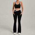 Conjunto de yoga negro de dos piezas con ribete blanco, top con cuello en U y leggings - S / Negro