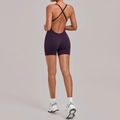Slim fit deep purple backless yoga bodysuit with cross straps and athletic shorts - Blackberry Purple