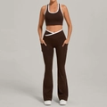 Conjunto de yoga marrón chocolate con chaleco con cuello en U y pantalón campana - S / Marrón