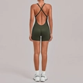 Dark green backless yoga bodysuit with cross straps and tight fitness shorts - Olive Green