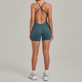Blue-green cross back yoga bodysuit with scrunch butt detail and thin shoulder straps - Petrol Blue