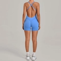 Sky blue backless yoga jumpsuit with criss-cross straps and slim fit athletic design - Glacial Blue