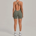 Slim fit army green bodysuit with crisscross back straps for yoga and fitness training - Turquoise Green