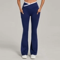 Dark blue flared yoga pants with white cross-waist design and side pockets - S / Navy Blue