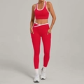 Red two-piece yoga set with white contrast piping, featuring racerback bra and high-waist pants - S / Red