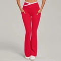Red flare yoga pants featuring a white cross-over waist and functional side pockets - S / Red