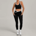 Women's black yoga set with white contrast V-cross waist leggings and sports bra - S / Black