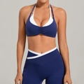 Marineblaues Sport-Set mit Halter-BH und Leggings mit hohem Bund und weißem Rand - S / Marineblau