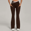 Women's dark brown yoga flare pants with white crossover waist and functional side pockets - S / Brown