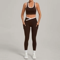 Two-piece yoga set in chocolate brown with white trim and side pockets - S / Brown