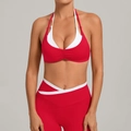 Roter Halter-Sport-BH mit weißem Lagenlook und passender Yoga-Leggings mit hohem Bund - S / Rot