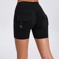 Black high-waisted peach lift yoga shorts with button pockets and ruched back design - Black