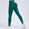 Hoch taillierte dunkelgrüne Yogahose mit Cargotaschen und Push-Up-Effekt am Gesäß - Seegrün