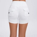 High waist scrunch butt yoga shorts in solid white with side cargo pockets and buttons - White