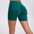 Dark green high waist scrunch butt yoga shorts with cargo pockets and button details - Lake Green