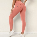 High waist coral peach scrunch butt yoga pants with button pocket detail for women - S / Coral Orange