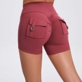 High waist scrunch butt yoga shorts with cargo pockets and buttons in burgundy color - S / Grape Red