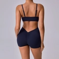 Navy blue ruched back yoga bodysuit with adjustable straps and butt lifting design - S / Navy Blue