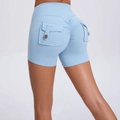 High waist light blue scrunch butt yoga shorts with utility pockets and button details - Light Blue