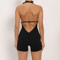 Women black halter backless yoga romper with high elastic peach hip shaping design - L / Set / Black