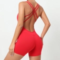 Red backless yoga jumpsuit with thin cross straps and high elasticity fabric - S / Red