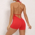 Red backless yoga bodysuit with high-stretch fabric and ruched bum lifting effect - L / Set / Red