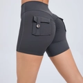 High waist scrunch butt gym shorts in dark grey with utility cargo pocket and button - XL / Gray